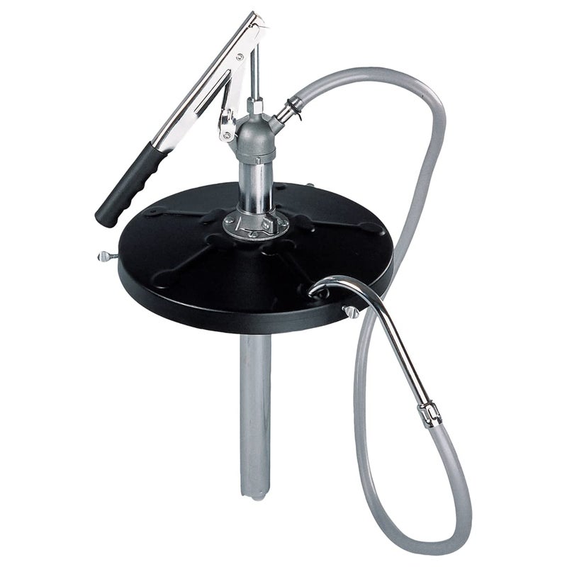 K-Tool International K Tool International 73993 Lever Action Bucket Pump with 4' PVC Hose for Garages, Repair Shops, and DIY, 5 Gallon, 2.14 oz. Per Stroke, 12" Drum Cover, Transmission Fluids and Heavy Oil, Black/Silver - Image 1